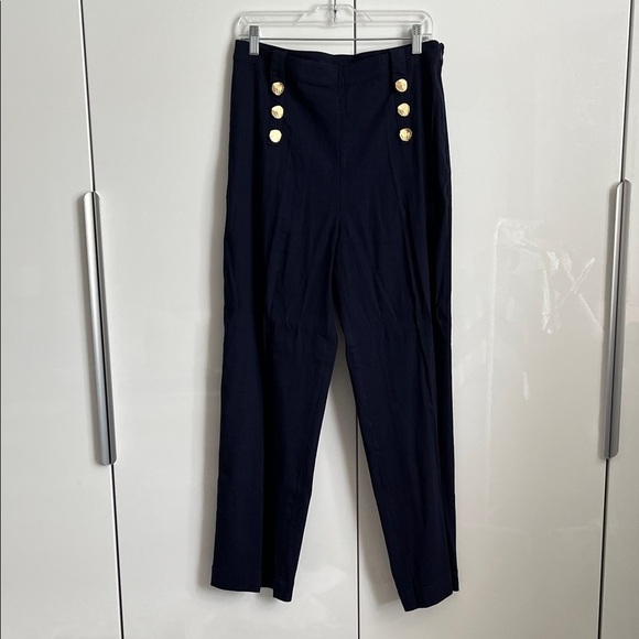 H by Halston NWOT Navy Linen Sailor High Waist Trousers Gold Button, Size 10 - Picture 2 of 9